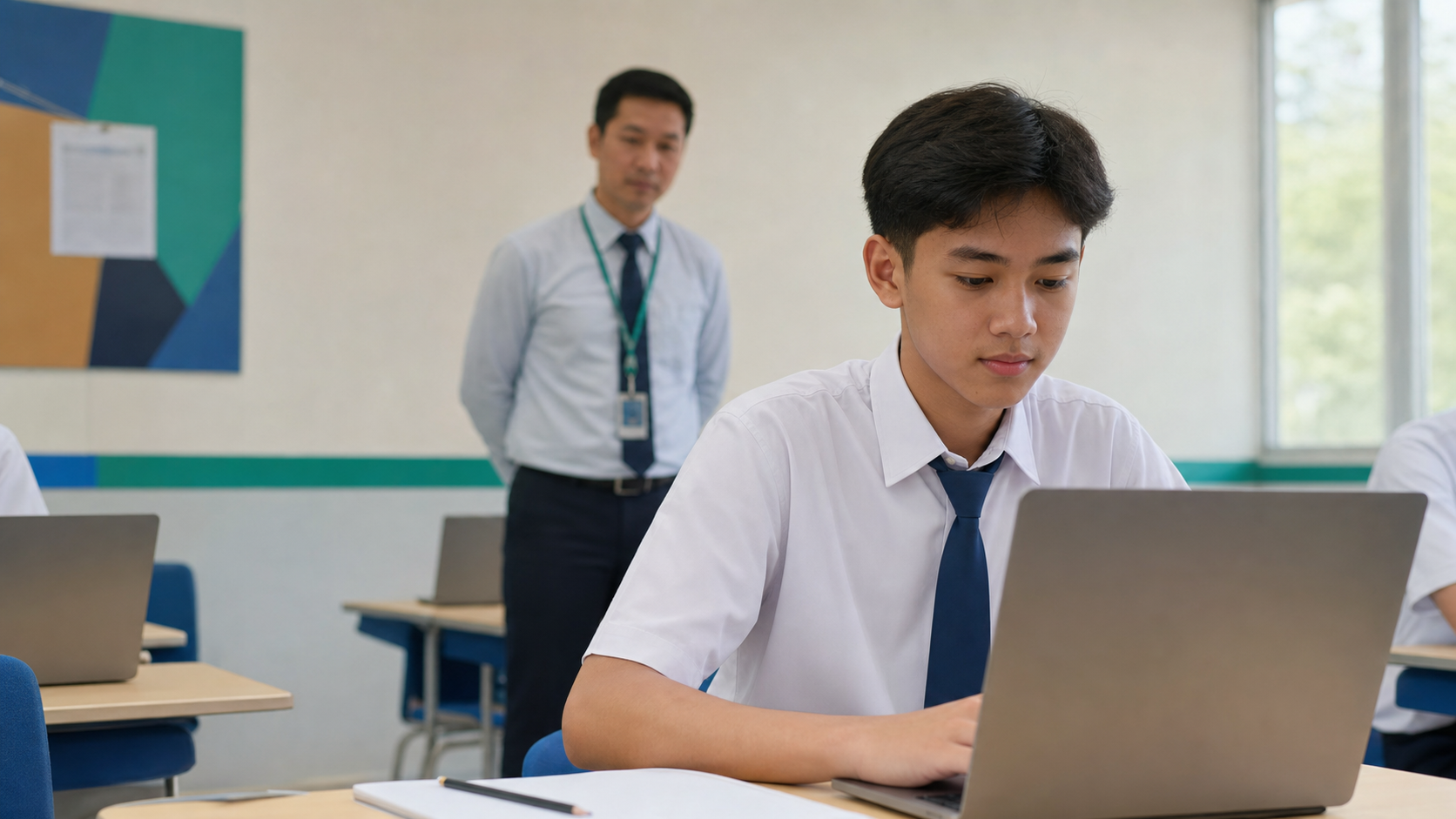 Siswa berseragam mengerjakan CBT dengan pengawasan guru